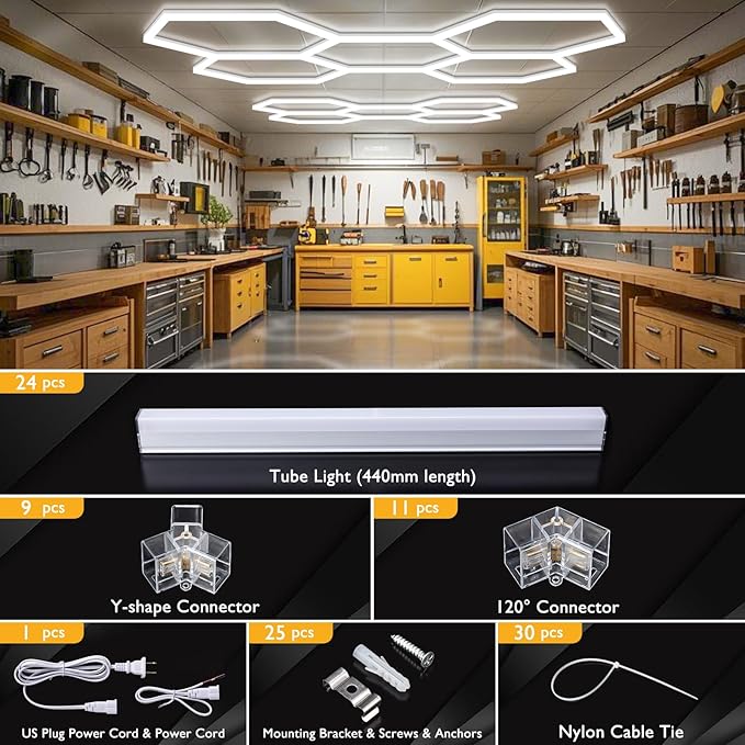 BRILLIHOOD Hexagon Garage Lights, LED Honeycomb Lights Ceiling, 192W, 23040LM, 6500K Super Bright, 5 Grid Systems Car Detailing Light for Garage Warehouse Workshop Basement Gym