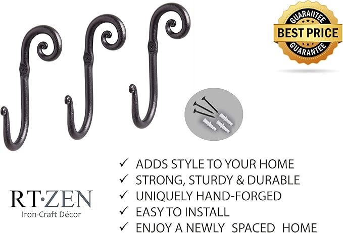 RTZEN Wall Mount Hook Set - Wrought Iron Decorative Rustic Metal Coat Hooks for Hanging - Handcrafted Classic Farmhouse Wall Mounted Black Hooks for Towel Robe or Hat Hanging - 3 Pack