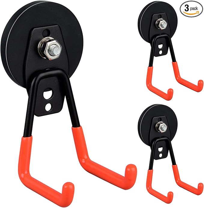 ULIBERMAGNET Heavy Duty Large Garage Magnet Hooks, 3 Pack Strong Storage Utility Magnetic Hooks with Anti-Slip Coating for Pegboard,Garage Shelve Hanging (Orange)