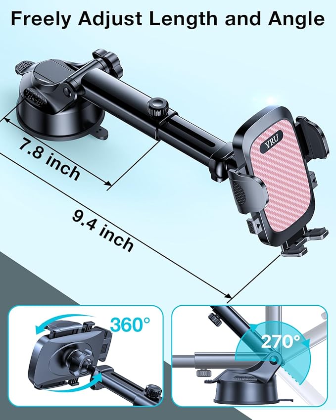 YRU [True Military-Grade 360 Degrees Rotatable Suction] 2025 Ultimate Car Phone Holder Mount 90+LBS Safest Strongest Patent Certs Dashboard Windshield Vent for iPhone 16 15 Pro Max Samsung Light Pink
