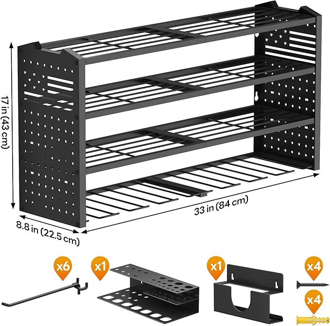 Tomorotec Wall-Mounted Power Tool Storage Rack for Drill, Toolbox & Accessories, Heavy-Duty Steel Organizer with Side Hooks and Adjustable Shelves, Easy Installation Garage & Workshop Storage (Black)