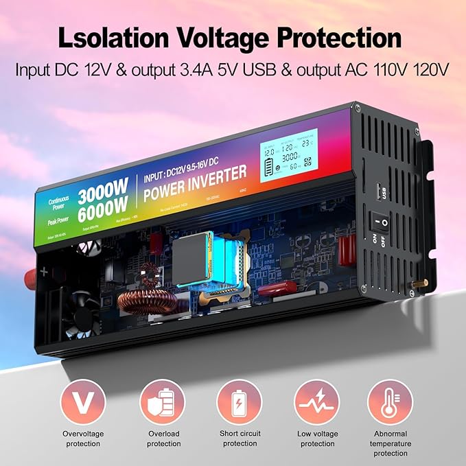 New Upgraded 3000 Watt Power Inverter,12V DC to 110V/120V AC Converter,6000W Peak Power with 3 AC Outlets,3.4A USB Port,LED Display Car Inverter for Vehicles,Truck,RV,Outdoor Activities,Solar System