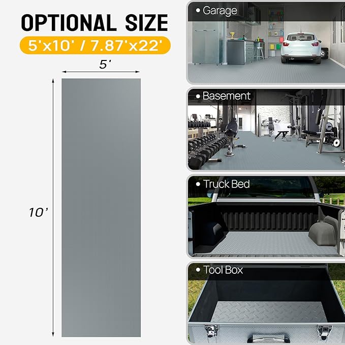 TUFFIOM 5 x 10 FT Garage Floor Mat, Thickened Diamond Plate PVC Garage Mats Flooring Roll for Under Car, Garage Parking Mats for SUVs, Golf Cart, Sports Car