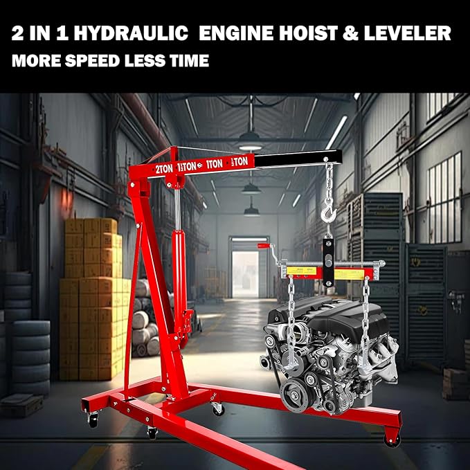 5000LBS Folding Hydraulic Engine Hoist with Lever, Heavy-Duty Cherry Picker Shop Crane with 6 Casters, Engine Lifter for Garage, Workshop & Warehouse, Red