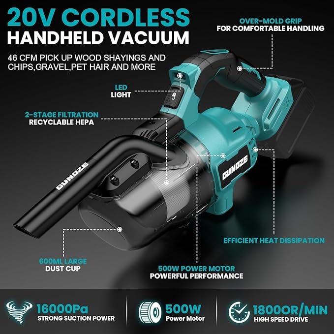 Cordless Vacuum for Makita 18V Battery, 5 in 1 Handheld Electric Vacuum Cleaner with 500W Powerful Motor, 46 CFM Portable with 2 Filtration HEPA for Home, Floor, Carpet, Car (Tool Only)