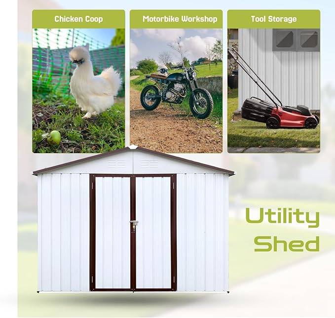 8' x 6' Outdoor Storage Shed, Sturdy Metal Building w/Lockable Doors for Garden, Backyard, Poolside and Lawn, Brown+White