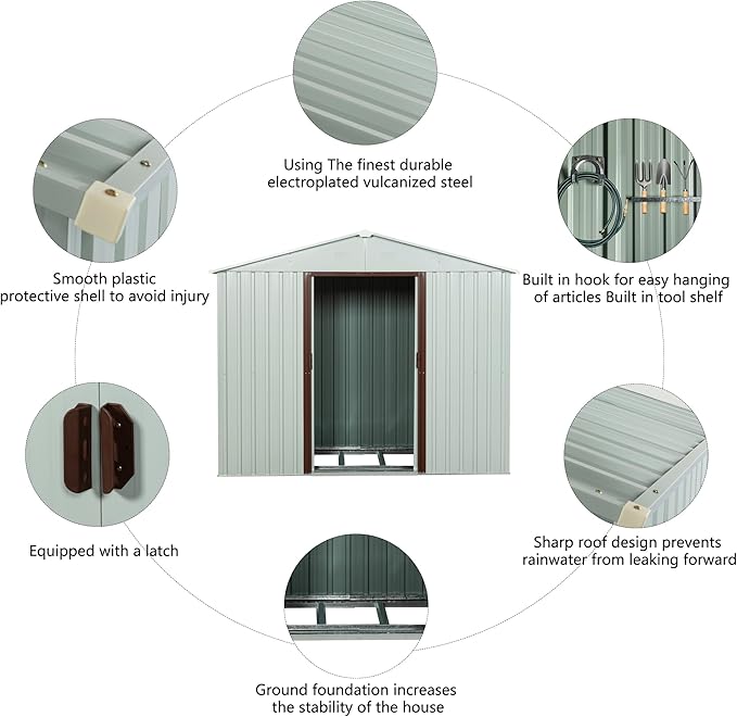 8 x 4 FT Outdoor Storage Shed with Side Window, Metal Garden Shed w/Sliding Doors & Lock, Floor Base and Air Vents, Utility Tool Storage House for Backyard Lawn, White