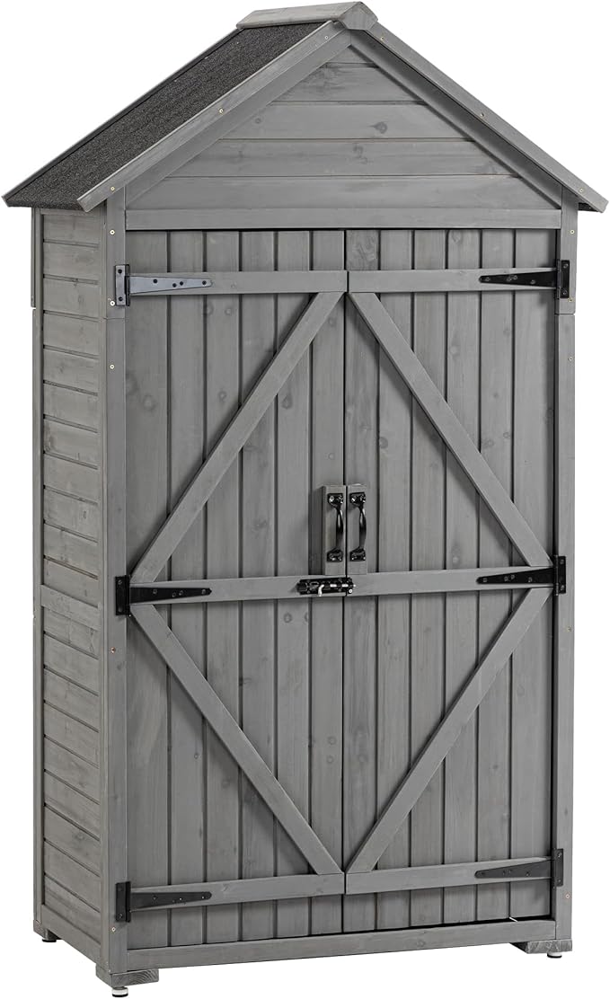 39.56"x 22.04"x 68.89" Outdoor Storage Cabinet with Removable Shelves, Waterproof Roof, and Adjustable Feet - Fir Wood Garden Tool Shed for Yard, Patio, Deck, and Garage,Grey