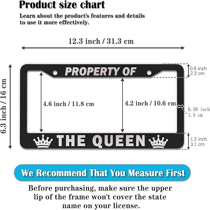 License Plate Frame Black and White License Plate Holder Property of The Queen Universal Aluminum Car Accessory 2 Pack with Screw Covers Set