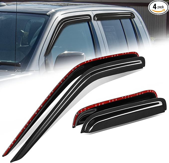 Auto Dynasty 4Pcs Carbon Fiber Pattern Window Visors Compatible with 2000-2004 Nissan Frontier Crew Cab, Tape-On Front & Rear Window Deflectors Rain Guards Sun Wind Air Side Vent Shade, Glossy Black