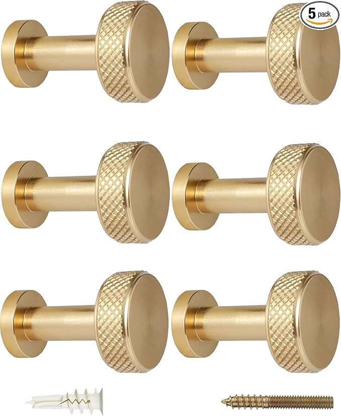 Screw Mount Round Hooks Constructed of Stainless Steel for Towels, Robes, Hats, Jackets in The Bathroom, Bedroom, Kitchen, Entry, and Backyard BBQ Pool Deck - Knurled Gold, 6 Pack