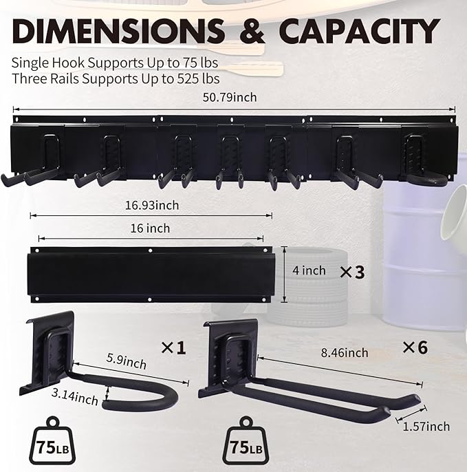 Garage Organization, 48 Inch Garden Tool Organizer Max Load 525 lb, Garage Tool Organizer Wall Mount with 7 Organization Hooks and Bike Hooks, Updated 16 Inch Studs Spacing