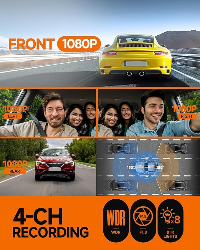 360° Dash Cam Front and Rear Inside, 4 Channel FHD 4 * 1080P, Wi-Fi GPS Voice Control Car Camera, Front 2K+1080P*2 Dash Camera for Cars, with 64GB SD Card, Night Vision, 24H Parking Mode(N300)