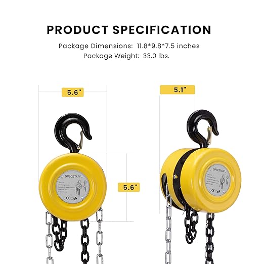 SPECSTAR Hand Chain Hoist 2 Ton 4400 Lbs Capacity 10 Feet with 2 Heavy Duty Hooks, Manual Chain Fall for Warehouse Building Automotive Machinery Yellow
