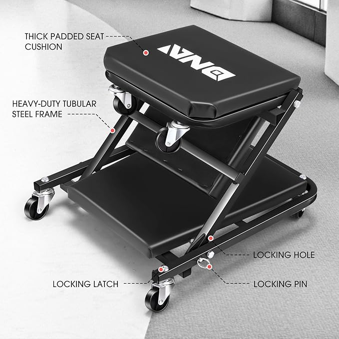 DNA MOTORING 36 Inches Folding 2 in 1 Rolling Z Creeper, Adjustable Roller Garage Chair Lay Down or Sit, 6 Pcs Casters, 330 LBS / 150kg Weight Capacity, Black, TOOLS-00493
