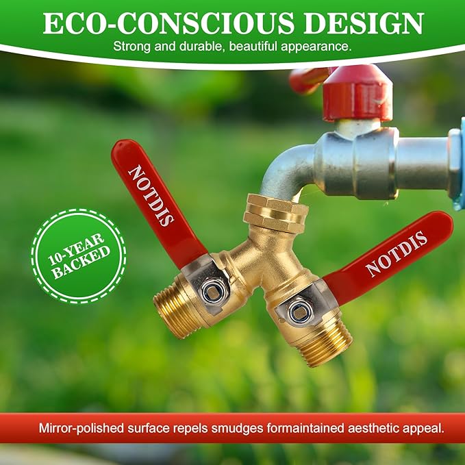 Hose Splitter 2 Way Heavy Duty Brass Garden Hose Splitter with 304 Stainless Steel Long Handle Outdoor Full Flow Hose Splitter Connector,Y Valve 3/4 Inch GHT Thread