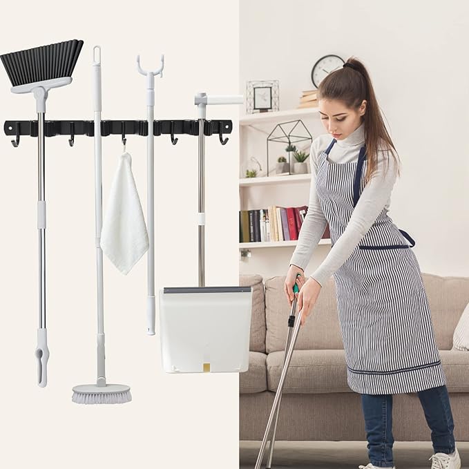 Mop and Broom Holder Wall Mount 4 Racks and 5 Hooks Broom Organizer Storage Tool Racks Stainless Steel Heavy Duty Hooks for Home Kitchen Garden Laundry Garage