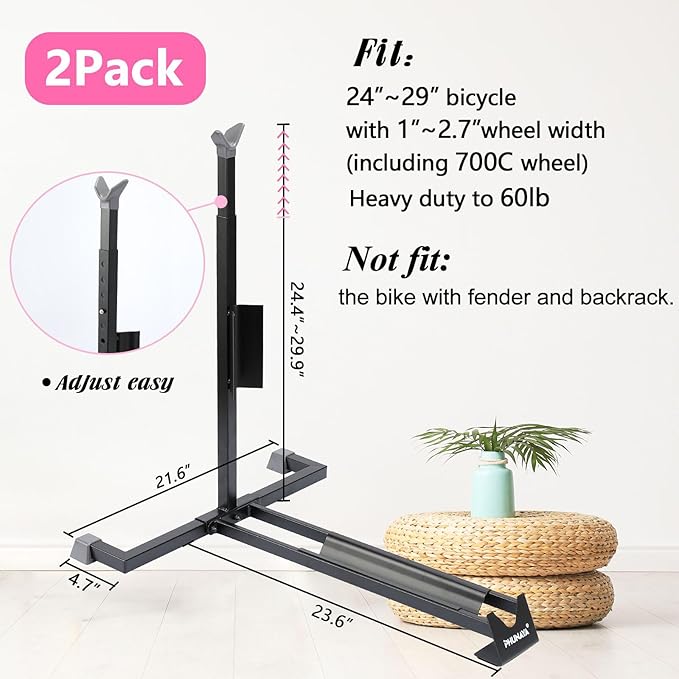 Bike Stand,Vertical Bike Rack For Indoor Bike Storage,Upright Bicycle Stand Floor.Heavy Duty Bike Holder With PVC Coating.Suit 24"-29" MTB,Hybrid and Road Bike,Patent Application. (2 Pack)