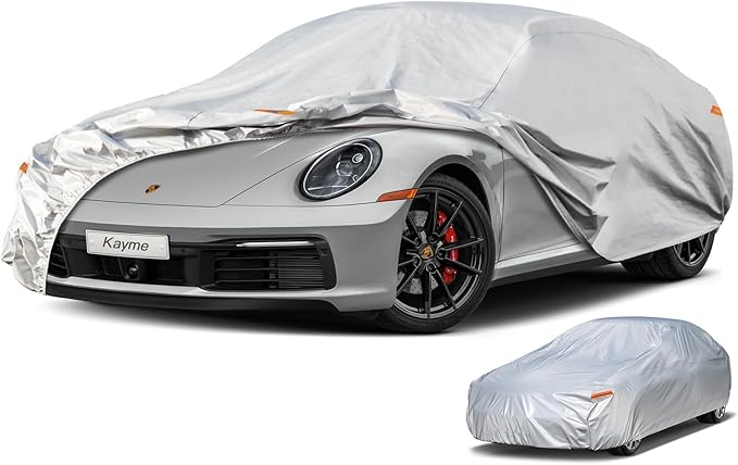 Kayme 6 Layers Car Cover Waterproof All Weather for Automobiles, Outdoor Full Cover Rain Sun UV Protection, Universal Fit for Porsche 911 996 997 991 992, Chevrolet Corvette, Acura NSX (178-185 inch)