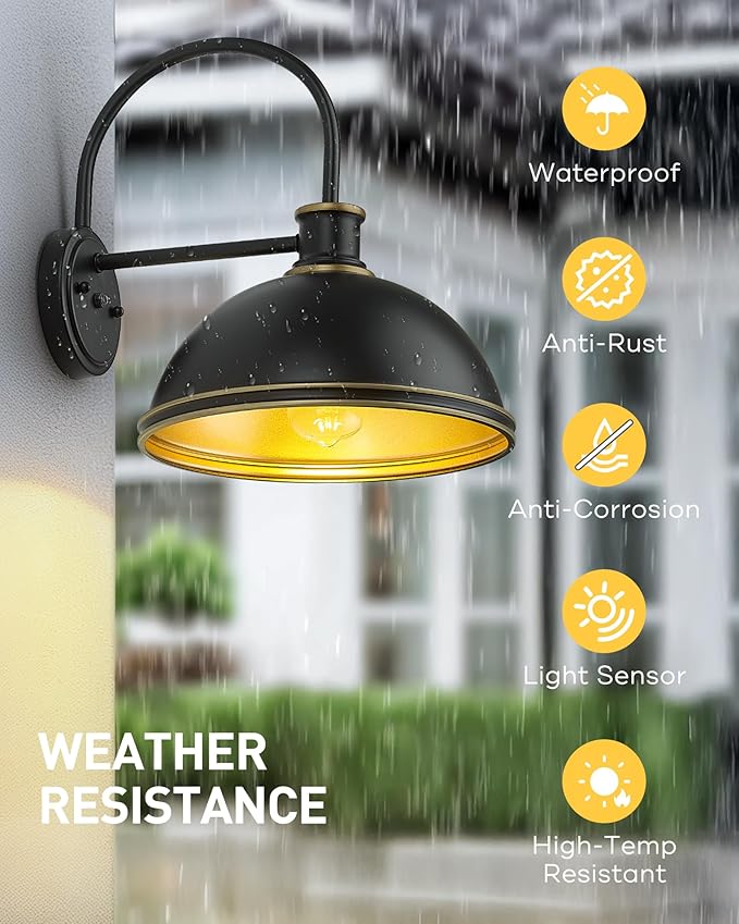 kudos Dusk to Dawn Porch Light Motion Sensor Outdoor Gooseneck Light Fixture Black Farmhouse Wall Sconce Lantern for Porch Entryway Garage, 1 Pack, KDOWL03-BK-S-LC