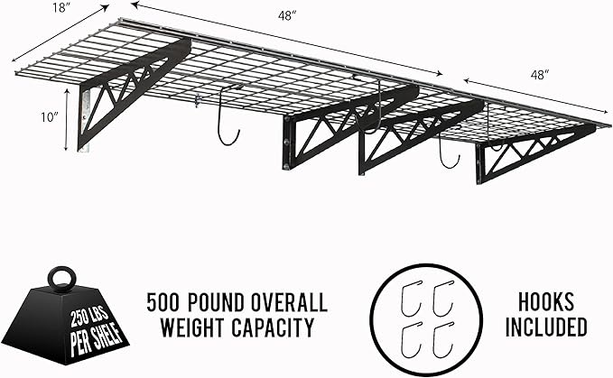 SafeRacks Wall Shelves - 4 Pk 24"x48" Wall Mountable Shelving Unit for Storage Rack, Pantry Shelves, Utility Shelving, Heavy Duty Shelves w/8 Accessory Hooks, 500lbs Capacity, Hammertone