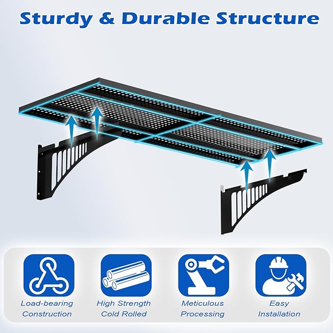 YOLENY 2-Pack 1.64x4FT Adjustable Heavy Duty Garage Wall Shelving, 500lbs Load Capacity Wall Mount Storage Shelf, Garage Storage Rack with Hooks, Metal Floating Shelves Organizer for Workshop