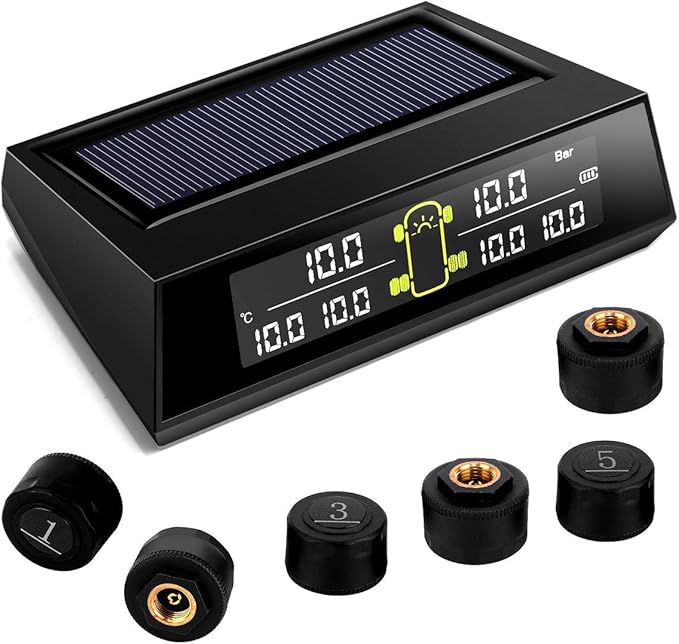 RV TPMS Tire Pressure Monitoring System, TS200 Solar Wireless TPMS with 6 Tire External Sensors Digital LCD Display RV Auto Security Alarm for Car RV Trailer Truck Tow Motorhome