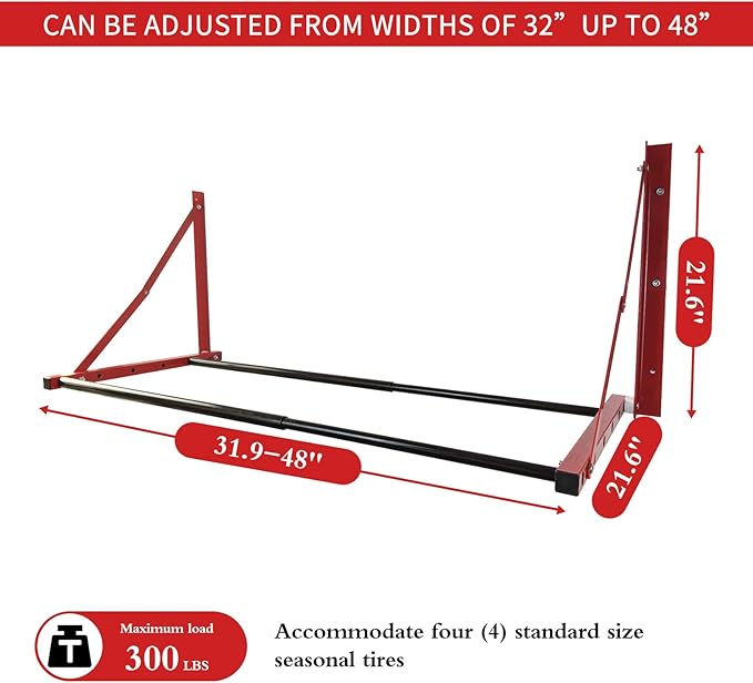ROBLOCK Folding Tire Wheel Rack Wall Mount Multi-Tire Spare Carriers Garage (32"-48") x 22" x 22", Red