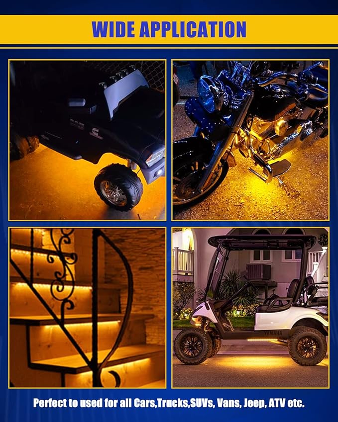 Amber Led Strip Lights,24inch 12V Interior Light Strip IP68 Waterproof Cuttable for Car Motorcycles Boat Golf Cart Truck Cargo Home Decoration with Strong Nano Tape(4PCS)