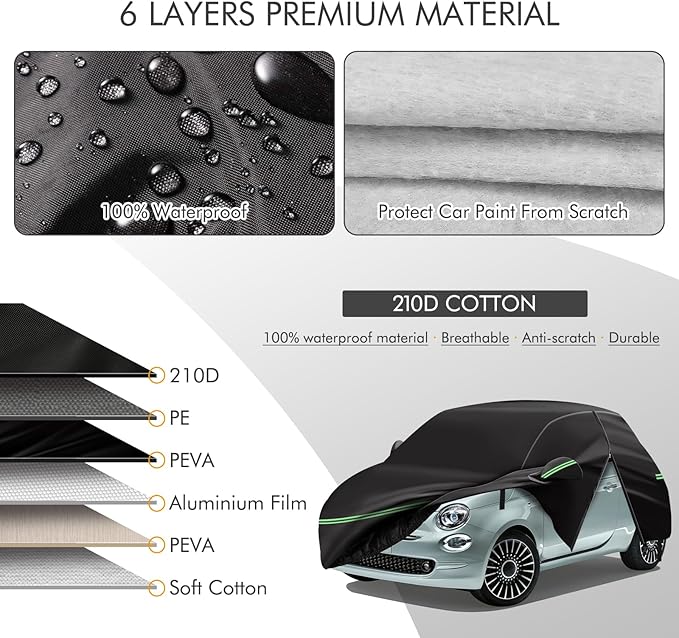 Replace for 2007-2023 Fiat 500/500C Car Cover 210D Outdoor Waterproof UV Snow Rain Protection, with Cotton Layer, Zipper Door, Reflective Strip, Storage Bag, for Abarth Turbo Sport Lounge Pop
