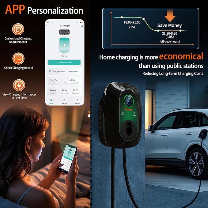 Level 2 EV Charger, 48 Amp 240V Hardwired Fast Charging, Smart WiFi Control, Adjustable Current, Delay Timer, 25ft Cable, J1772 Charger, EV Chargers for Home Level 2, LCD Display, Black
