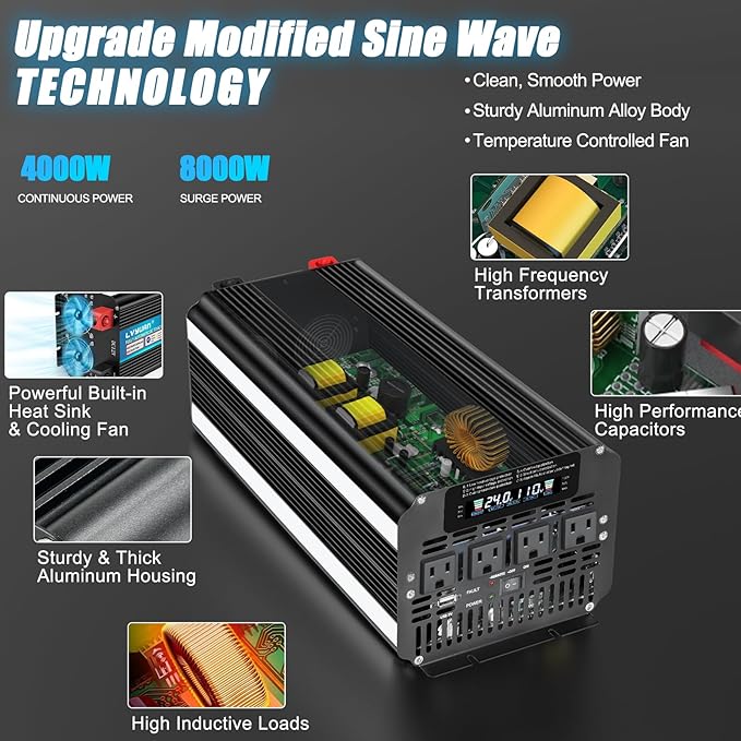 LVYUAN 4000 Watt Power Inverter 24V to 110V 120V for Vehicle, Solar Inverter System, Heavy Duty, RV, Truck, Off Grid,Camping with 4 AC Outlets, LCD Display, Wireless Remote Control, Car Power Inverter