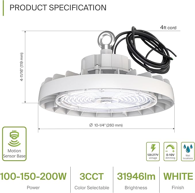 ASD LED High Bay UFO Light Fixture, Commercial Shop Lighting | 3CCT, Dimmable, IP69K Waterproof, DLC Premium, UL Listed | 200W 31900LM 3000-5000K 100-277V | Warehouse, Garage, Workshop Lamp | White