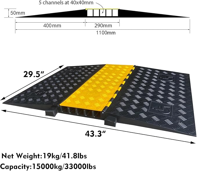 Rubber Cable Ramp 5 Channel Drive Over Hose Cable Protector Outdoor 22000Lbs Load Capacity Wires Power Lines Extension Cord Cover Traffic Speed Bump 1 Pack
