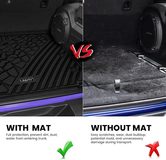 LASFIT Trunk Mat for Jeep Wrangler JL 2018-2025 4 Door Gas Type with Subwoofer and Flat Load Floor (Not for JK/Not PHEV/Not 2-Door) All Weather TPE Custom Fit Cargo Mat, Black