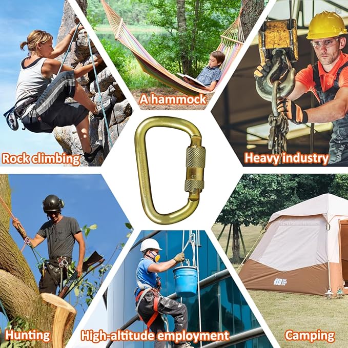 DEKABR Heavy Duty Alloy Steel Auto-Locking Climbing Carabiner - 45KN Twist Lock Carabiner for Rock and Tree Climbing, Quick Release, Rescue, and Mountaineering. ANAB Certified, 4.21-inch, Large, Gold