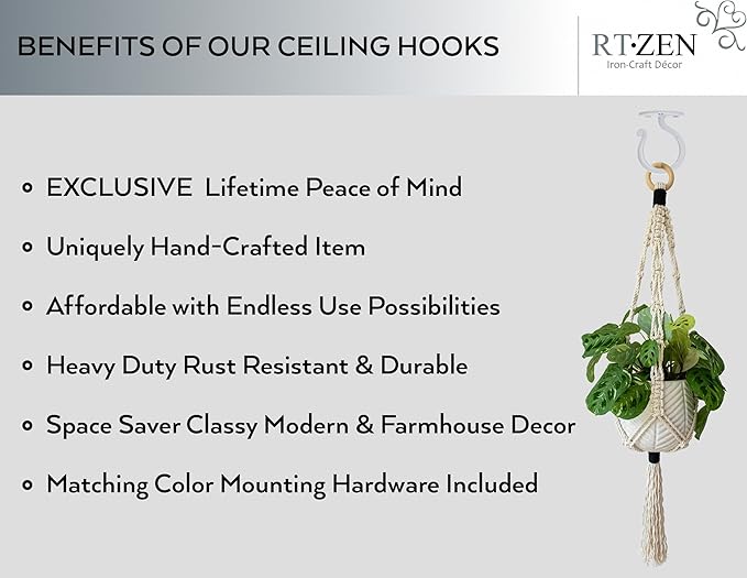 RTZEN Plant Hangers Outdoor or Indoor - Wrought Iron Metal Hanger Indoor Hook - Heavy Duty Wall Bracket Hooks for Hanging Plants Baskets Lanterns Wind Chimes - 2 Pack (Large White Ceiling Hooks)