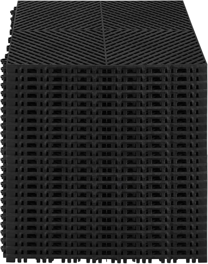 VEVOR Interlocking Drainage Mat, 15.7” x 15.7” Modular Interlocking Cushion, 24 Pcs Splicing Drainage Mats, Non-Slip Black PP Drainage Floor Tile and Shower Mat, for Garage, Garden, Kitchen & Outdoor