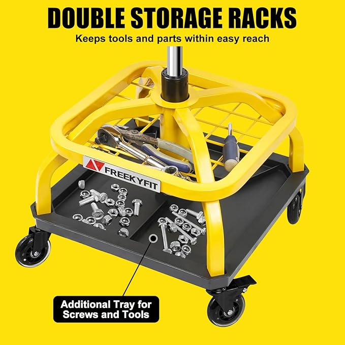 Rolling Shop Stool with Wheels, Garage Work Mechanic Stool with Backrest, Roller Mechanic Chair, Adjustable Height, 360° Swivel, Tool Tray Storage, 330 LBS Capacity, Heavy Duty, Yellow