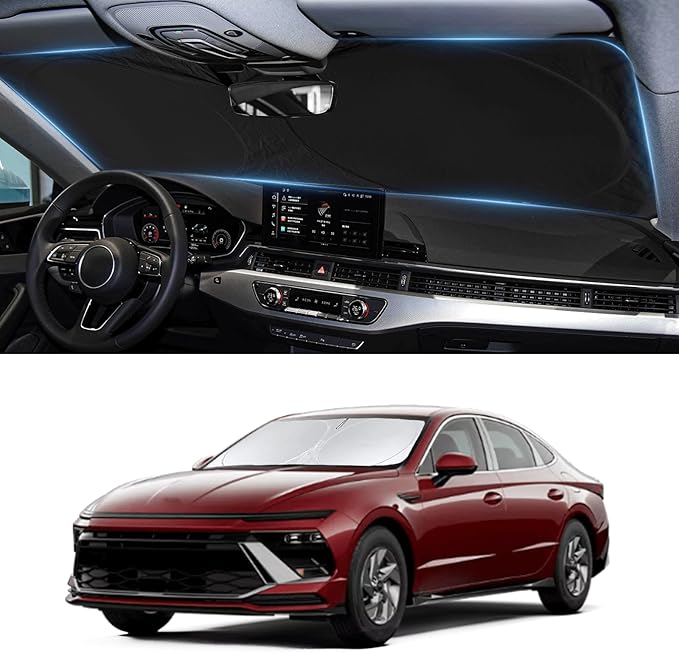 Custom Fit Sonata Windshield Sunshade for 2020-2024 2025 Hyundai Sonata Front Window Retractable Shades Cover for Windshield Sun Visor Protector 210T Reflector Blocks UV Rays Cooler Car Accessories