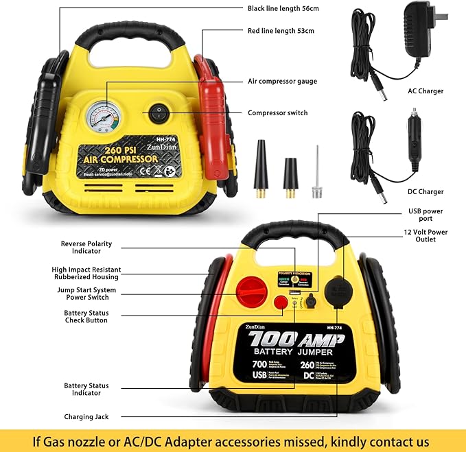 Jump Starter with Air Compressor 260PSI, 1000A Portable Car Jump Starter, 4-in-1 Battery Booster Pack for Vehicles(3L Gas/Diesel), Safety Jumper Cable with USB/DC Port
