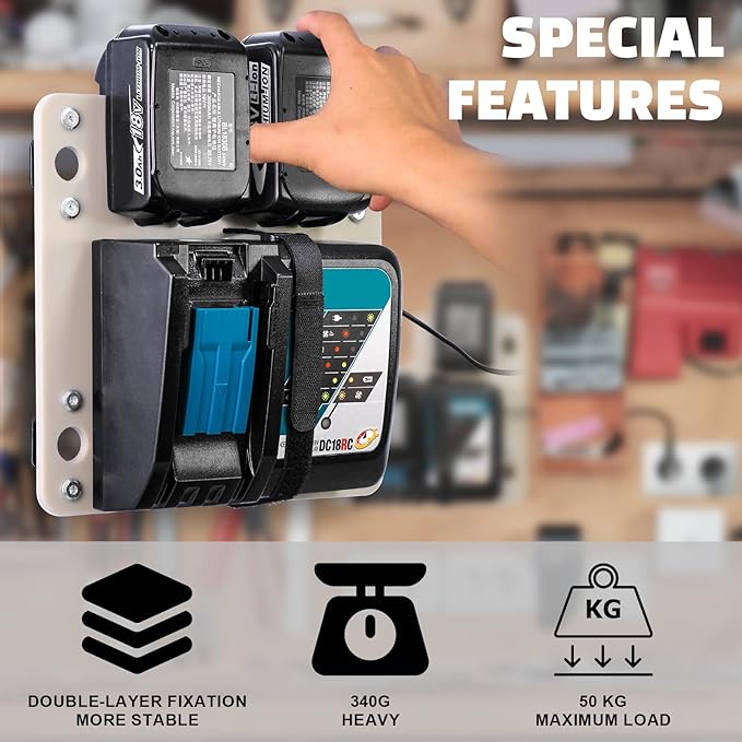FETESNICE Wall Mount for Makita Charger, Flame Retardant Synthetic Materials Stable 2-batteries Holder and Charger Holder, Ideal Wall Mount for Makita Battery Holder, Suitable for Workshop and Garage