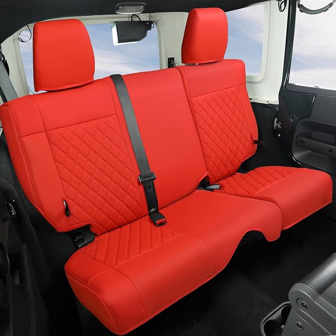 GIANT PANDA Customized Full Set Car Seat Covers for Jeep Wrangler 4 Door JK Unlimited Sahara Sport Rubicon X 2008 2009 2010, Faux Leather - (Red)