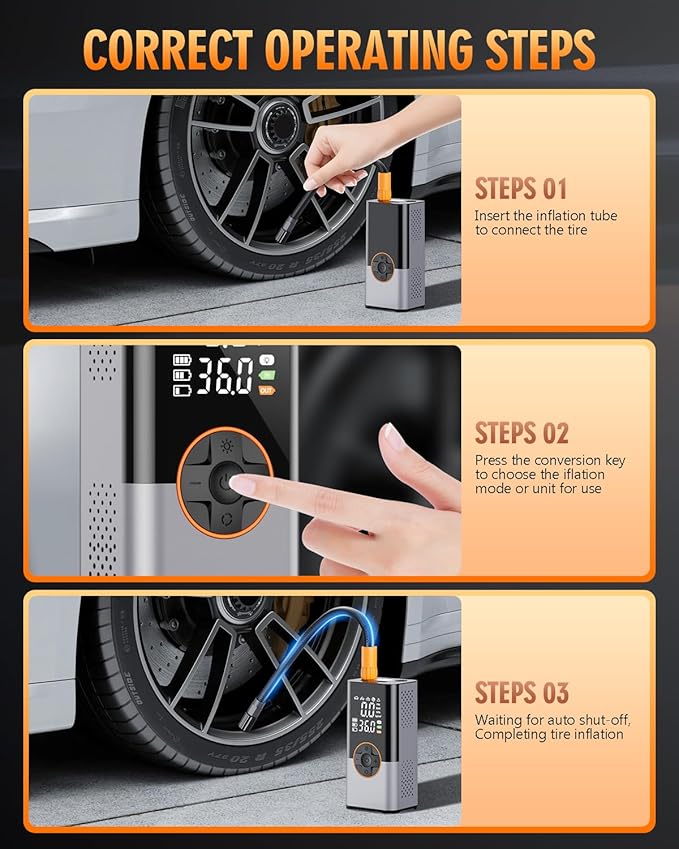 Tire Inflator Portable Air Compressor,180PSI & 3X Faster Air Pump for Car Tires with Digital Pressure Gauge, 25000mAh Air Compressor for Car, Motorcycle, Bicycle, Ball and More.