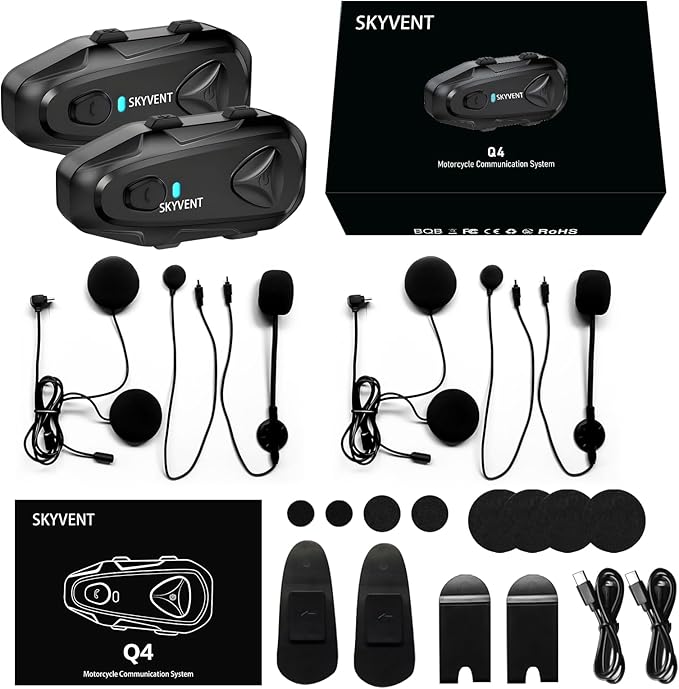 Q4 Motorcycle Bluetooth Communication System Headset Intercom, 4 Riders 1500m Music Sharing, FM, Noise Cancellation, IP65 Waterproof, Dual Pack (Q4)