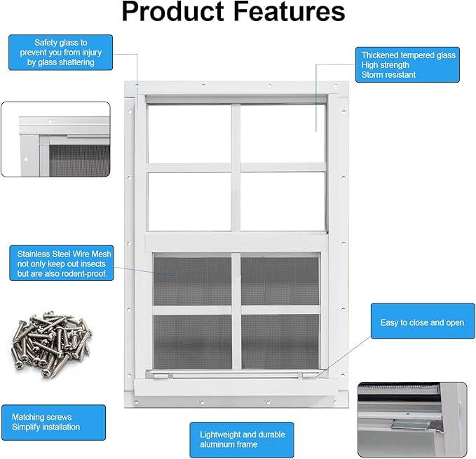 NeatiEase Upgraded Shed Windows 2 Pack, 18" x 23" Windows with Tempered Glass and Stainless Steel Screen for Shed, Chicken Coop, Playhouse, Household, Garage(White)