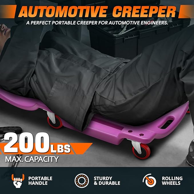 DNA MOTORING 36" L X 17" W x 4.25" H Vehicle Repair Low Profile Automotive Creeper w/Padded Headrest, Purple, TOOLS-00201-PR