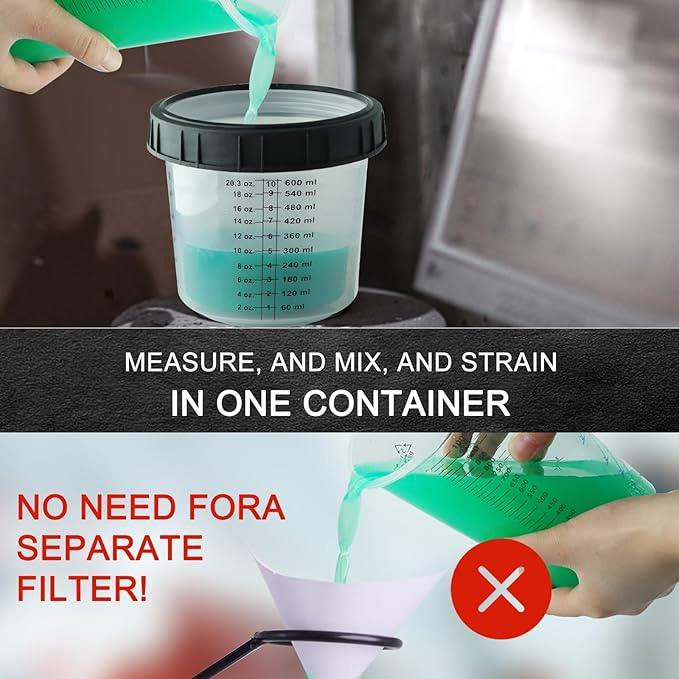 Disposable Paint Mixing Cup 20 Ounce (600ml) Kit,HVLP Paint Sprayer Gun Mixing Cups with 50 Cups and Lids System, 10 Plugs and 1 Hard Cup with Retainer Ring, 2 Cup Adapter,Paint Stirrer (50)