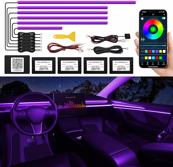 Acrylic Interior Car LED Strip Light with Wireless APP, RGB 6 in 1 with 175 inches 593 LEDs Fiber Optic Ambient Lighting Kits, 16 Million Colors Sound Active Function Car Neon Lights