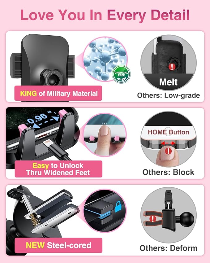 VANMASS 2025【Strongest Suction & Military-Grade】 Car Phone Mount 【Patent & Safety】Ultimate Cell Phone Holder Handsfree Stand for Dash Windshield Vent for iPhone 16 15 Pro Max 14 Android & Truck, Pink